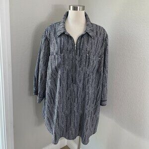 Catherines Womens Petite Plus 2XWP Black White Tunic Top Zip Front 3/4 Sleeve